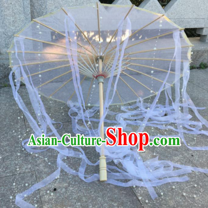 Chinese Ancient Princess Umbrella Traditional Handmade White Ribbon Umbrellas for Women