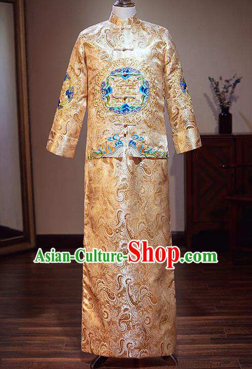 Chinese Traditional Wedding Costume Ancient Bridegroom Embroidered Golden Tang Suit Clothing for Men