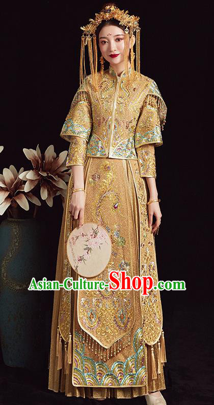 Chinese Traditional Bride Golden Xiuhe Suit Ancient Wedding Embroidered Dress for Women