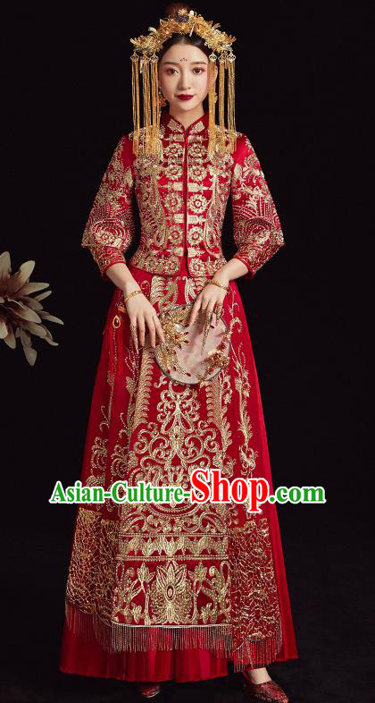 Chinese Traditional Bride Diamante Xiuhe Suit Ancient Wedding Embroidered Red Dress for Women