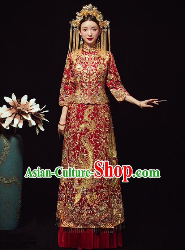 Chinese Traditional Bride Diamante Phoenix Xiuhe Suit Ancient Wedding Embroidered Red Dress for Women