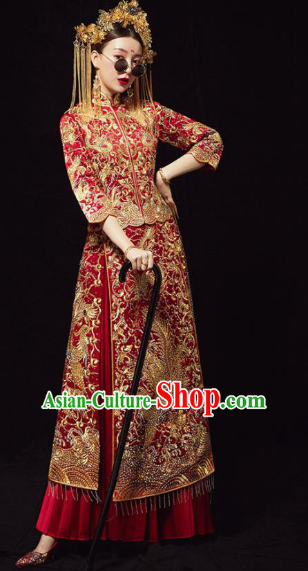 Chinese Traditional Bride Diamante Phoenix Xiuhe Suit Ancient Wedding Embroidered Red Dress for Women