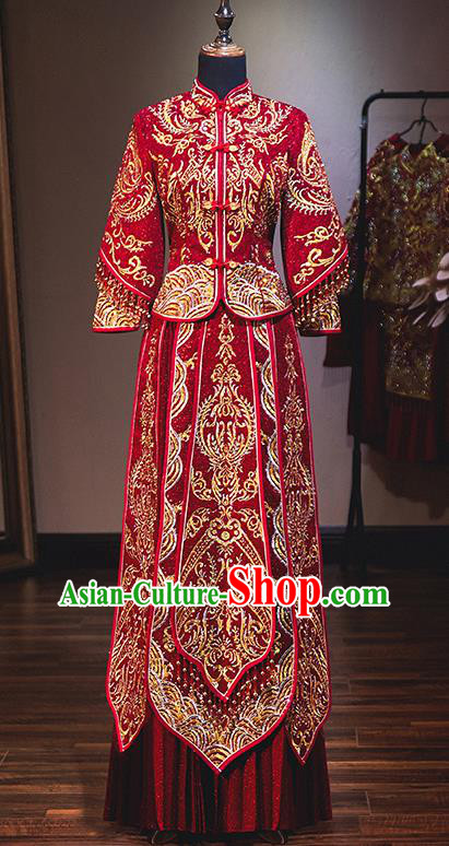 Chinese Traditional Bride Red Xiuhe Suit Ancient Wedding Embroidered Diamante Dress for Women