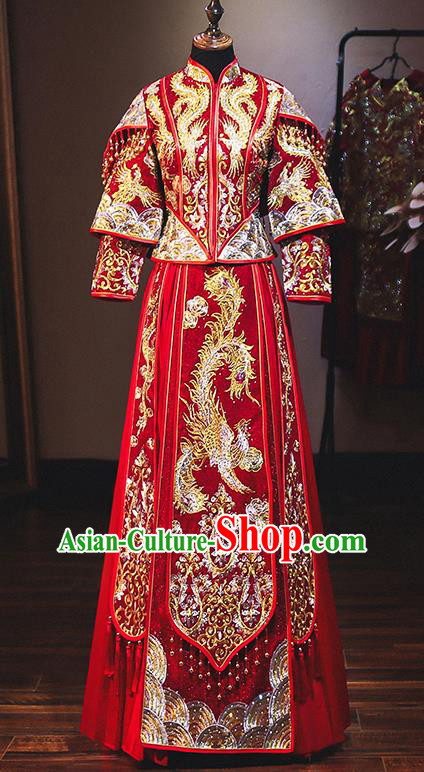 Chinese Traditional Bride Red Xiuhe Suit Ancient Wedding Embroidered Diamante Phoenix Dress for Women