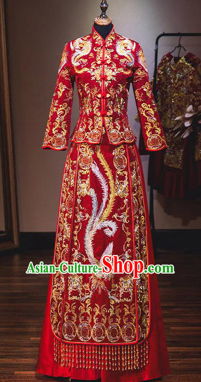 Chinese Traditional Bride Red Diamante Xiuhe Suit Ancient Wedding Embroidered Phoenix Dress for Women