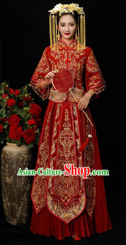 Chinese Traditional Bride Diamante Xiuhe Suit Ancient Wedding Red Embroidered Dress for Women