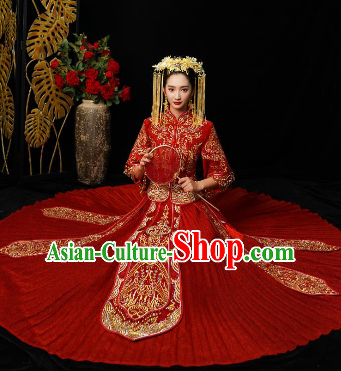 Chinese Traditional Bride Diamante Xiuhe Suit Ancient Wedding Red Embroidered Dress for Women