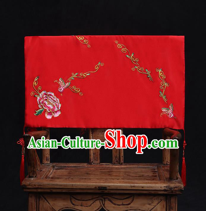 Chinese Ancient Wedding Headdress Embroidered Butterfly Peony Curtain Traditional Bride Handmade Red Veil for Women