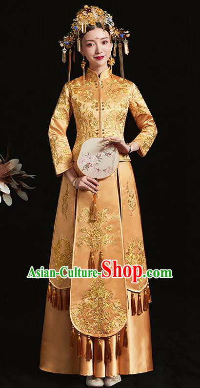 Chinese Traditional Bride Golden Xiuhe Suit Ancient Wedding Embroidered Dress for Women