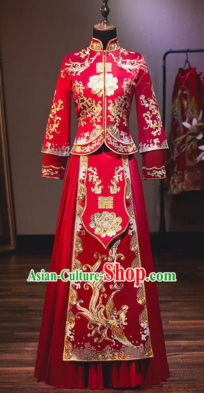 Chinese Traditional Bride Costume Red Xiuhe Suit Ancient Wedding Embroidered Phoenix Peony Dress for Women