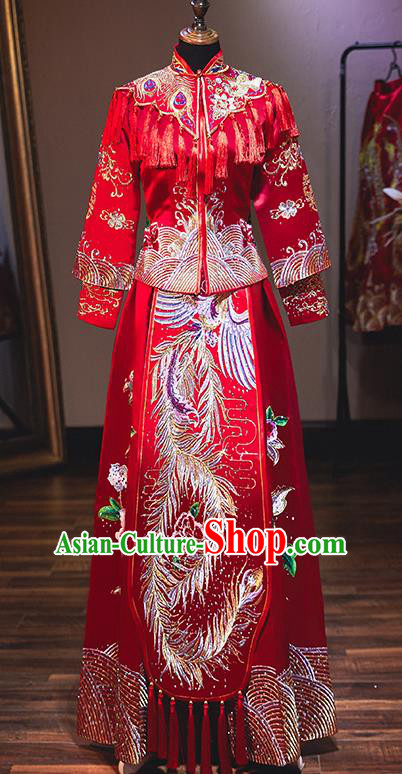 Chinese Traditional Bride Costume Embroidered Phoenix Peony Xiuhe Suit Ancient Wedding Dress for Women