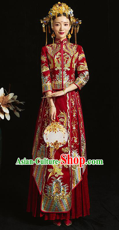 Chinese Traditional Bride Diamante Costume Embroidered Phoenix Xiuhe Suit Ancient Wedding Dress for Women