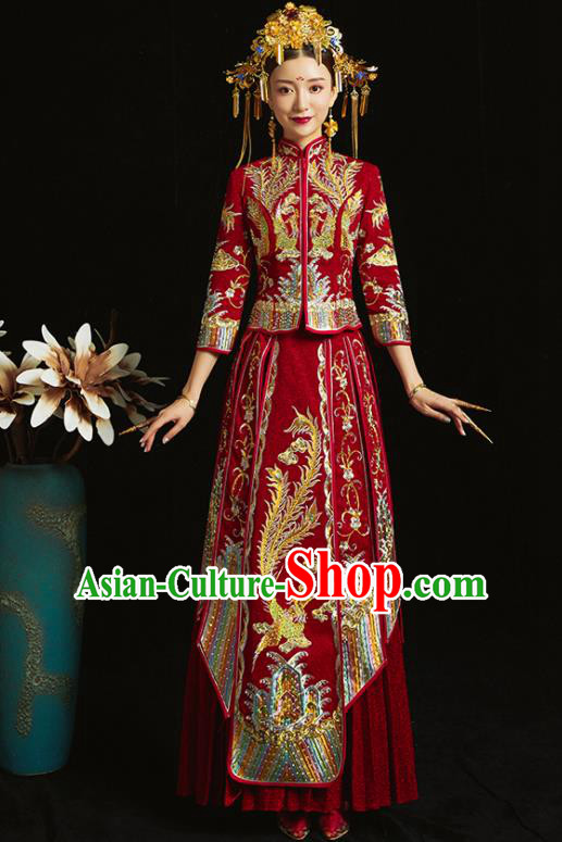 Chinese Traditional Bride Diamante Costume Embroidered Phoenix Xiuhe Suit Ancient Wedding Dress for Women