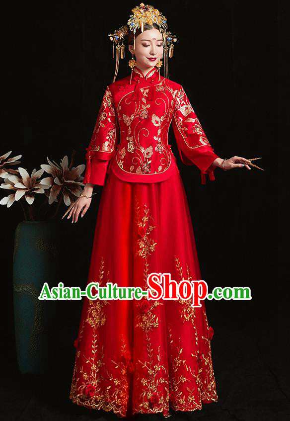 Chinese Traditional Bride Costume Embroidered Phoenix Xiuhe Suit Ancient Wedding Red Veil Dress for Women