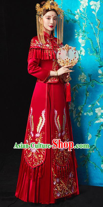 Chinese Traditional Bride Costume Embroidered Peony Xiuhe Suit Ancient Wedding Red Dress for Women