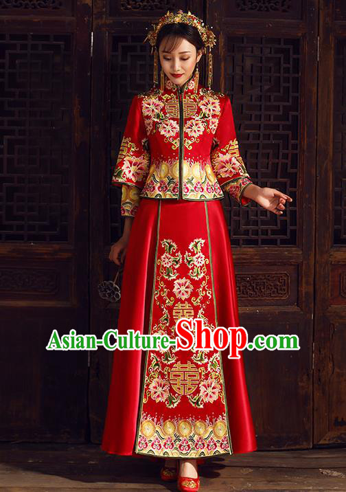 Chinese Traditional Bride Costume Embroidered Xiuhe Suit Ancient Wedding Dress for Women