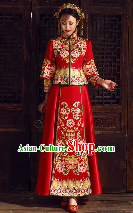 Chinese Traditional Bride Costume Embroidered Xiuhe Suit Ancient Wedding Dress for Women
