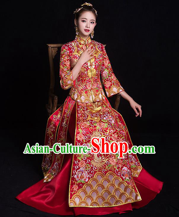 Chinese Traditional Bride Costume Embroidered Phoenix Peony Xiuhe Suit Ancient Wedding Dress for Women