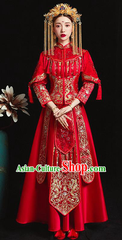 Chinese Traditional Bride Costume Embroidered Xiuhe Suit Ancient Wedding Red Tassel Dress for Women