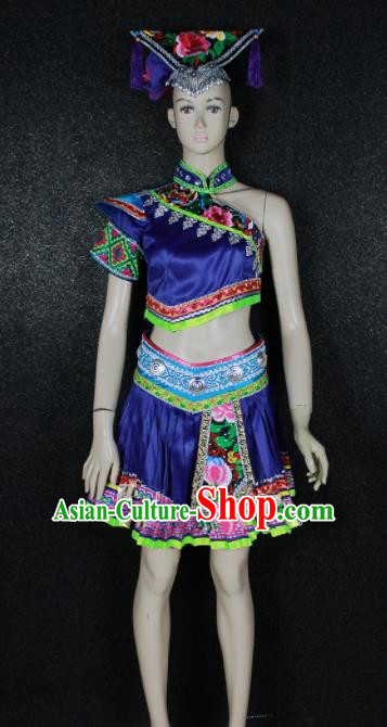 Chinese Traditional Zhuang Nationality Embroidered Royalblue Dress Ethnic Folk Dance Costume for Women