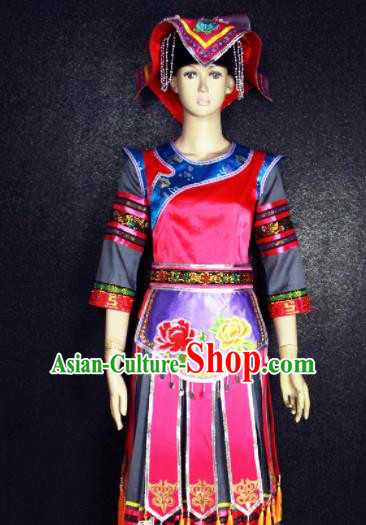 Chinese Traditional Gelao Nationality Embroidered Red Dress Ethnic Folk Dance Costume for Women