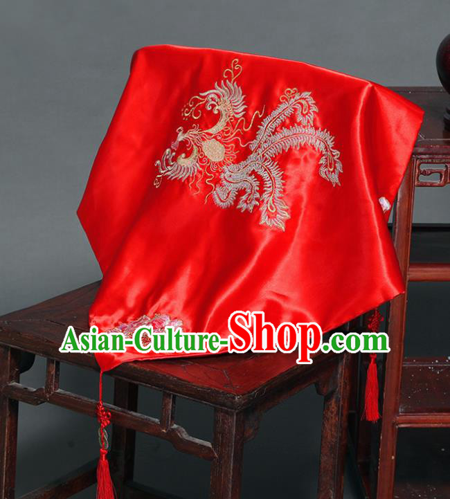 Chinese Ancient Wedding Embroidered Phoenix Curtain Traditional Bride Headdress Red Veil for Women