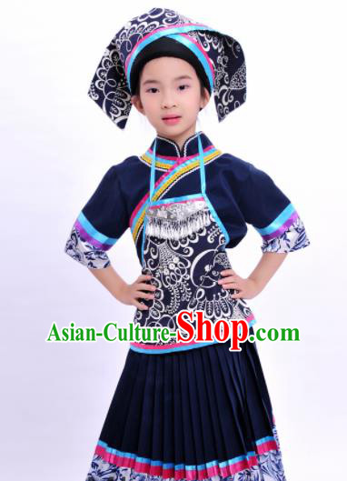 Chinese Traditional Zhuang Nationality Embroidered Navy Dress Ethnic Folk Dance Costume for Kids