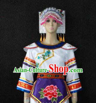 Chinese Traditional Zhuang Nationality Embroidered White Dress Ethnic Folk Dance Costume for Women