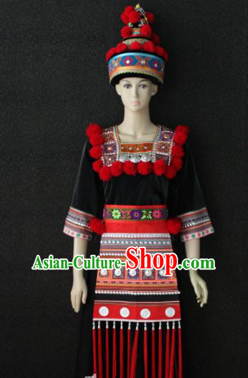 Chinese Traditional Yao Nationality Embroidered Black Dress Ethnic Folk Dance Costume for Women