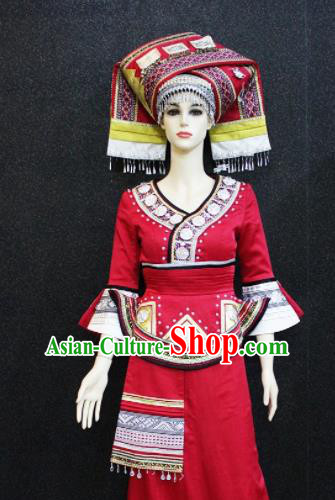 Chinese Traditional Yao Nationality Embroidered Red Dress Ethnic Folk Dance Costume for Women