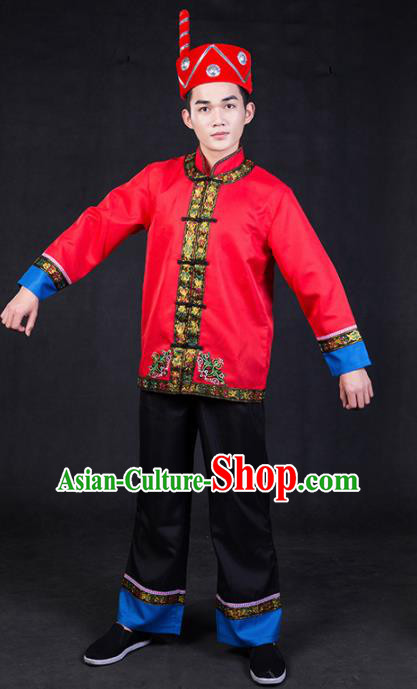 Chinese Traditional Yi Nationality Red Clothing Ethnic Bridegroom Folk Dance Costume for Men