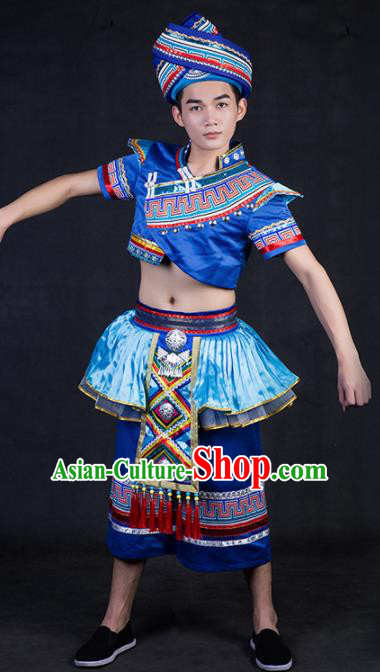 Chinese Traditional Zhuang Nationality Royalblue Clothing Ethnic Bridegroom Folk Dance Costume for Men