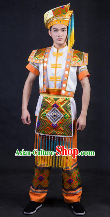 Chinese Traditional Zhuang Nationality Golden Clothing Ethnic Bridegroom Folk Dance Costume for Men