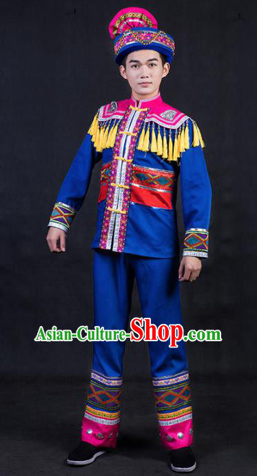 Chinese Traditional Zhuang Nationality Royalblue Clothing Ethnic Festival Folk Dance Costume for Men