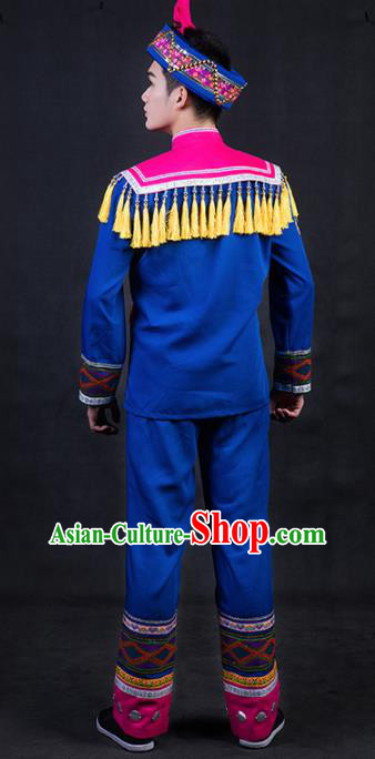 Chinese Traditional Zhuang Nationality Royalblue Clothing Ethnic Festival Folk Dance Costume for Men