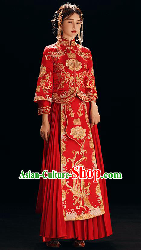 Chinese Traditional Bride Costume Xiuhe Suit Ancient Wedding Red Embroidered Dress for Women