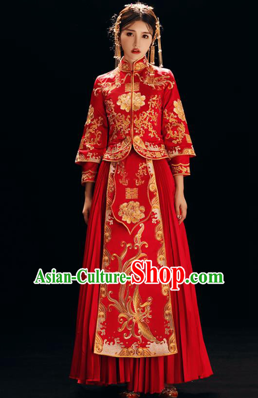 Chinese Traditional Bride Costume Xiuhe Suit Ancient Wedding Red Embroidered Dress for Women