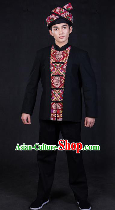 Chinese Traditional Zhuang Nationality Black Clothing Ethnic Festival Folk Dance Costume for Men