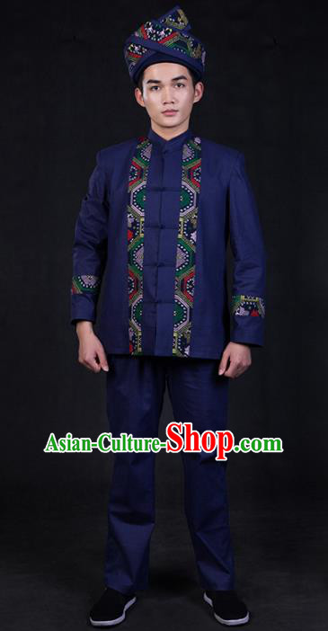 Chinese Traditional Zhuang Nationality Navy Blue Clothing Ethnic Festival Folk Dance Costume for Men