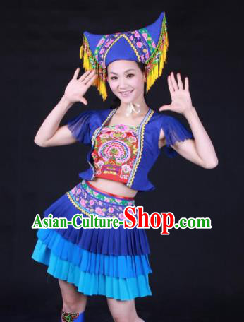 Chinese Traditional Zhuang Nationality Embroidered Blue Pleated Skirt Ethnic Folk Dance Costume for Women