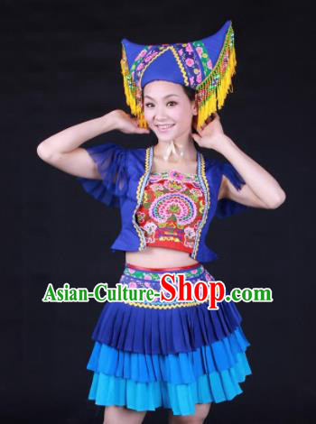 Chinese Traditional Zhuang Nationality Embroidered Blue Pleated Skirt Ethnic Folk Dance Costume for Women
