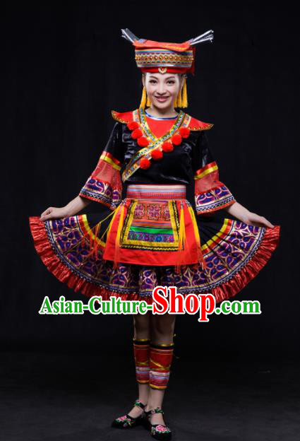 Chinese Traditional Yao Nationality Embroidered Pleated Skirt Ethnic Folk Dance Costume for Women