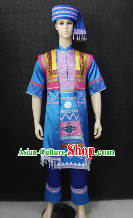 Chinese Traditional Zhuang Nationality Blue Clothing Ethnic Festival Folk Dance Costume for Men