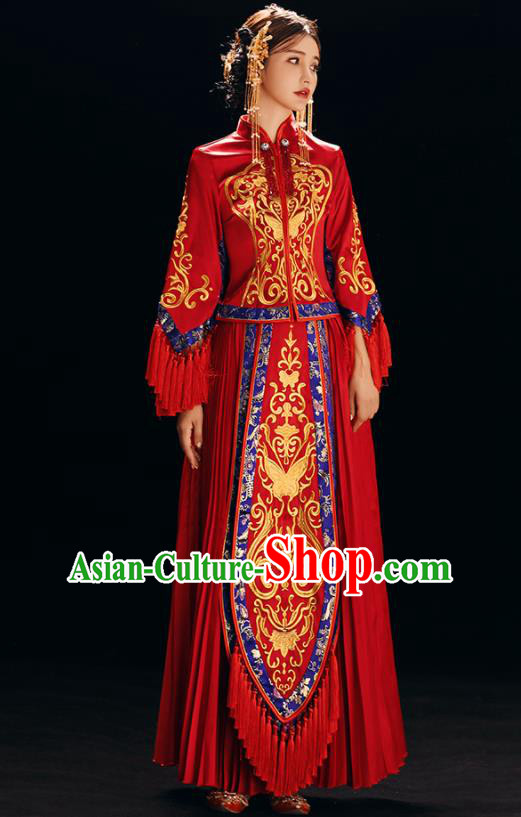 Chinese Traditional Bride Costume Xiuhe Suit Ancient Wedding Red Embroidered Butterfly Dress for Women