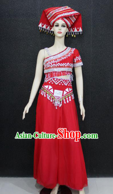 Chinese Traditional Zhuang Nationality Embroidered Red Dress Ethnic Folk Dance Costume for Women