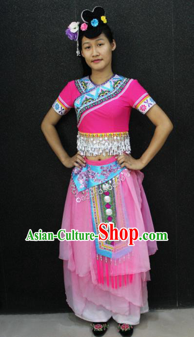 Chinese Traditional Zhuang Nationality Pink Dress Ethnic Folk Dance Costume for Women
