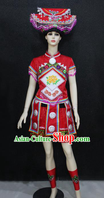 Chinese Traditional Zhuang Nationality Red Dress Ethnic Folk Dance Costume for Women