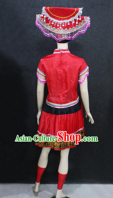 Chinese Traditional Zhuang Nationality Red Dress Ethnic Folk Dance Costume for Women