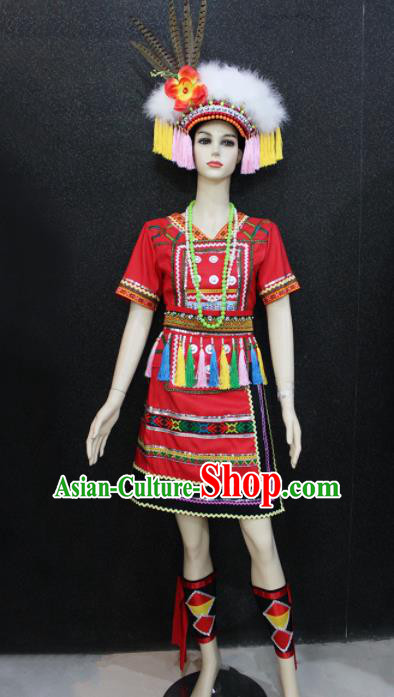 Chinese Traditional Gaoshan Nationality Red Dress Ethnic Folk Dance Costume for Women