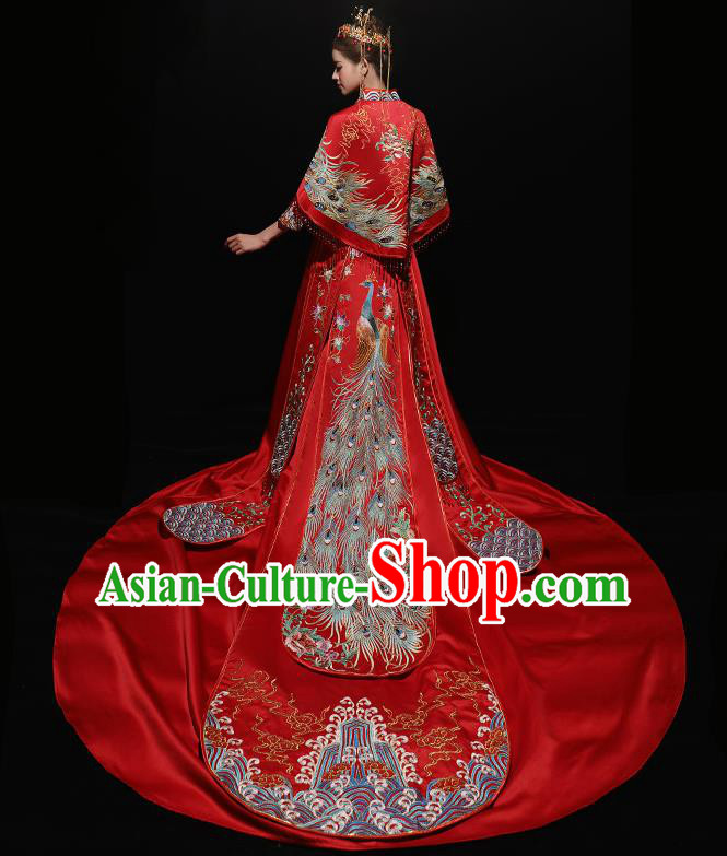 Chinese Traditional Bride Costume Red Xiuhe Suit Ancient Wedding Embroidered Trailing Dress for Women